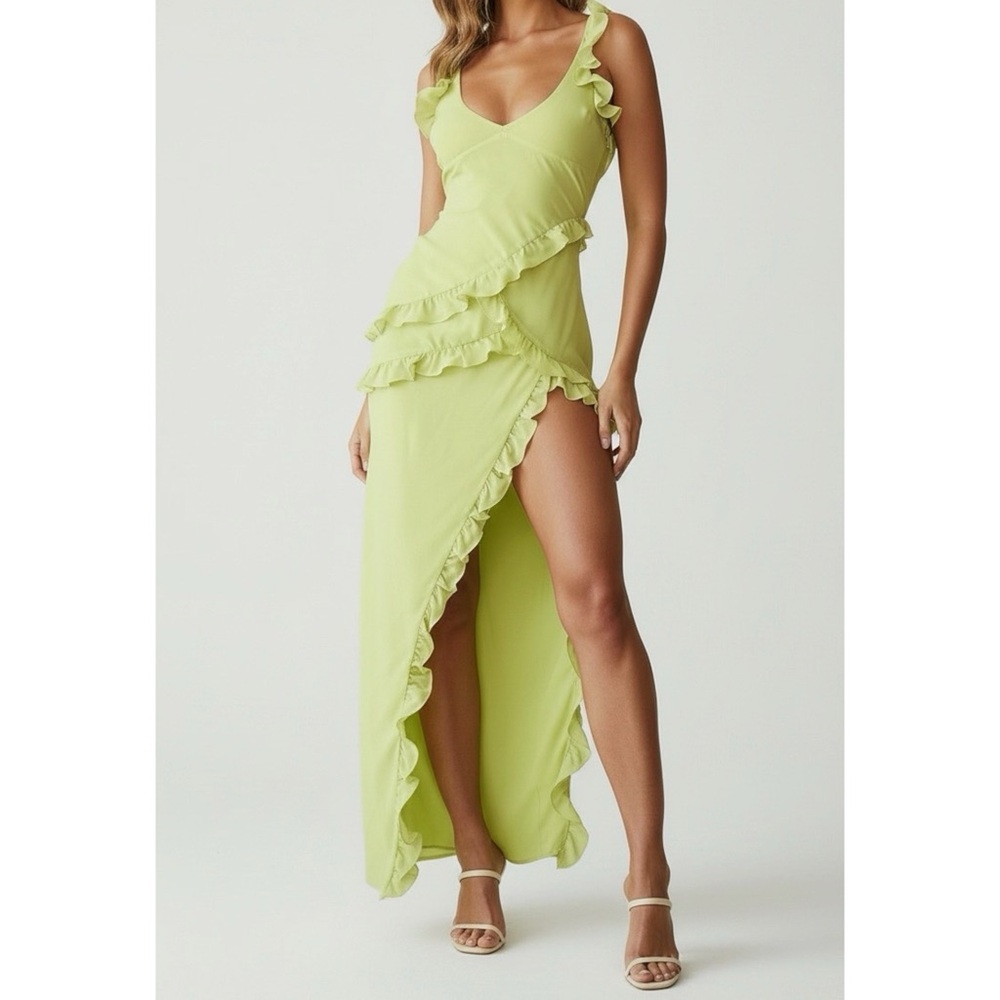 HOUSE OF CB Pixie Ruffle Maxi Dress, Lime, L (Plus Cup)
